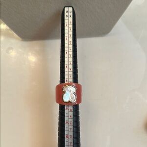 Pink acrylic Ring with Bear Design in nacar  and silver , unique